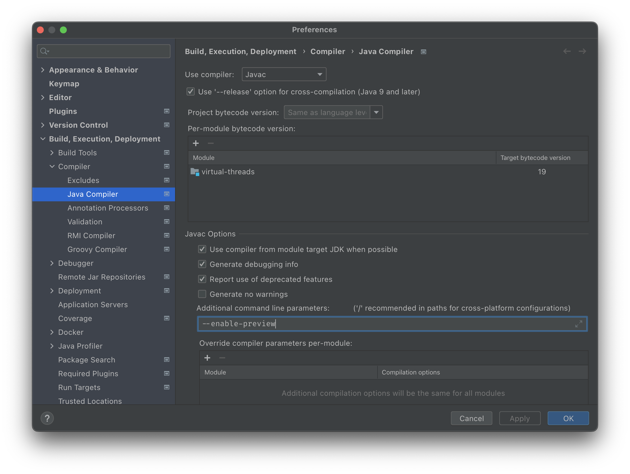 IntelliJs compiler Preferences with "--enable-preview" as additional command line parameters